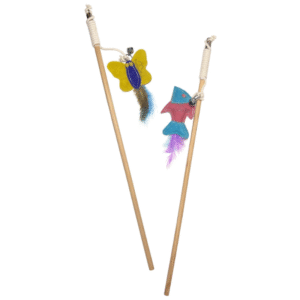 Canna da pesca per gatti in legno con farfalla in camoscio e piume.