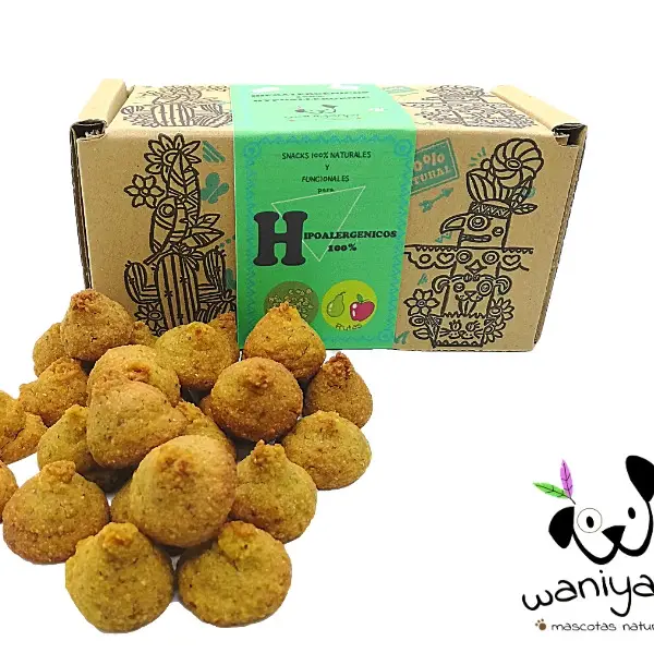 Snack ipoallergenici per cani con farina di ceci e frutta fresca, ideali per dermatiti alimentari