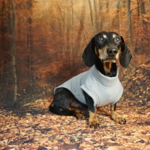 cane bassotto in bosco con pullover bianco