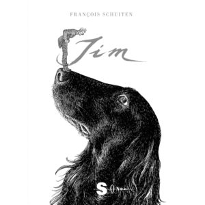 copertina con sfondo bianco e con jim un cane di colore nero