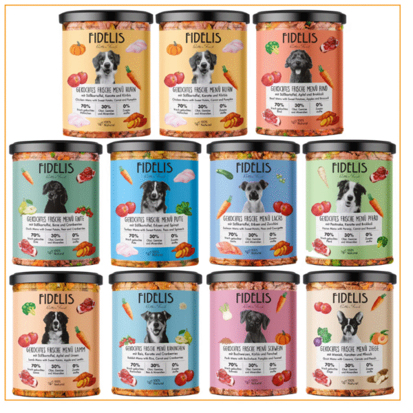 Cibo umido fresco per cani FIDELIS in vaso di vetro ingredienti a pezzi.